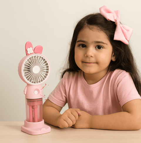 Compact Handheld Mini Fan in UAE – Rechargeable Portable Cooling Fan with Pink Bunny Ears Design for Kids & Travel