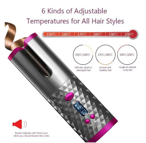 Cordless Automatic Hair Curler – Rechargeable Portable Curling Iron with Digital Temperature Display (UAE)
