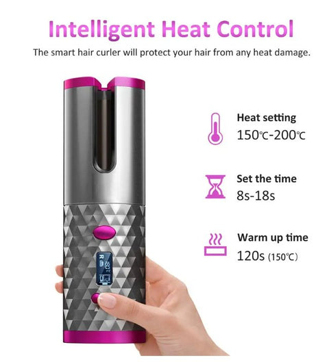 Cordless Automatic Hair Curler – Rechargeable Portable Curling Iron with Digital Temperature Display (UAE)