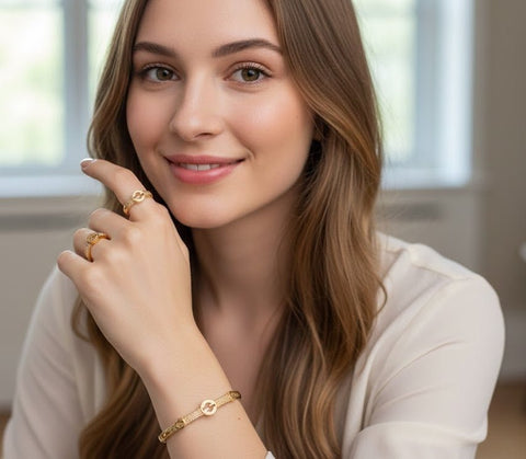 Modern Cross-Bar Zirconia Bangle & Ring Set in UAE – Gold & Silver Circle Emblem Jewelry for Women, Daily & Party Wear