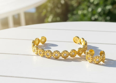 Sparkle Sunburst Cuff Bracelet & Ring Set in UAE – Gold & Silver Sunflower Crystal Jewelry for Women, Party & Gift Set