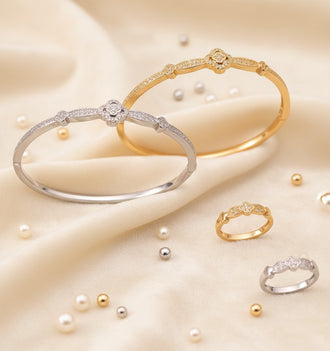 Modern Cross-Bar Zirconia Bangle & Ring Set in UAE – Gold & Silver Circle Emblem Jewelry for Women, Daily & Party Wear